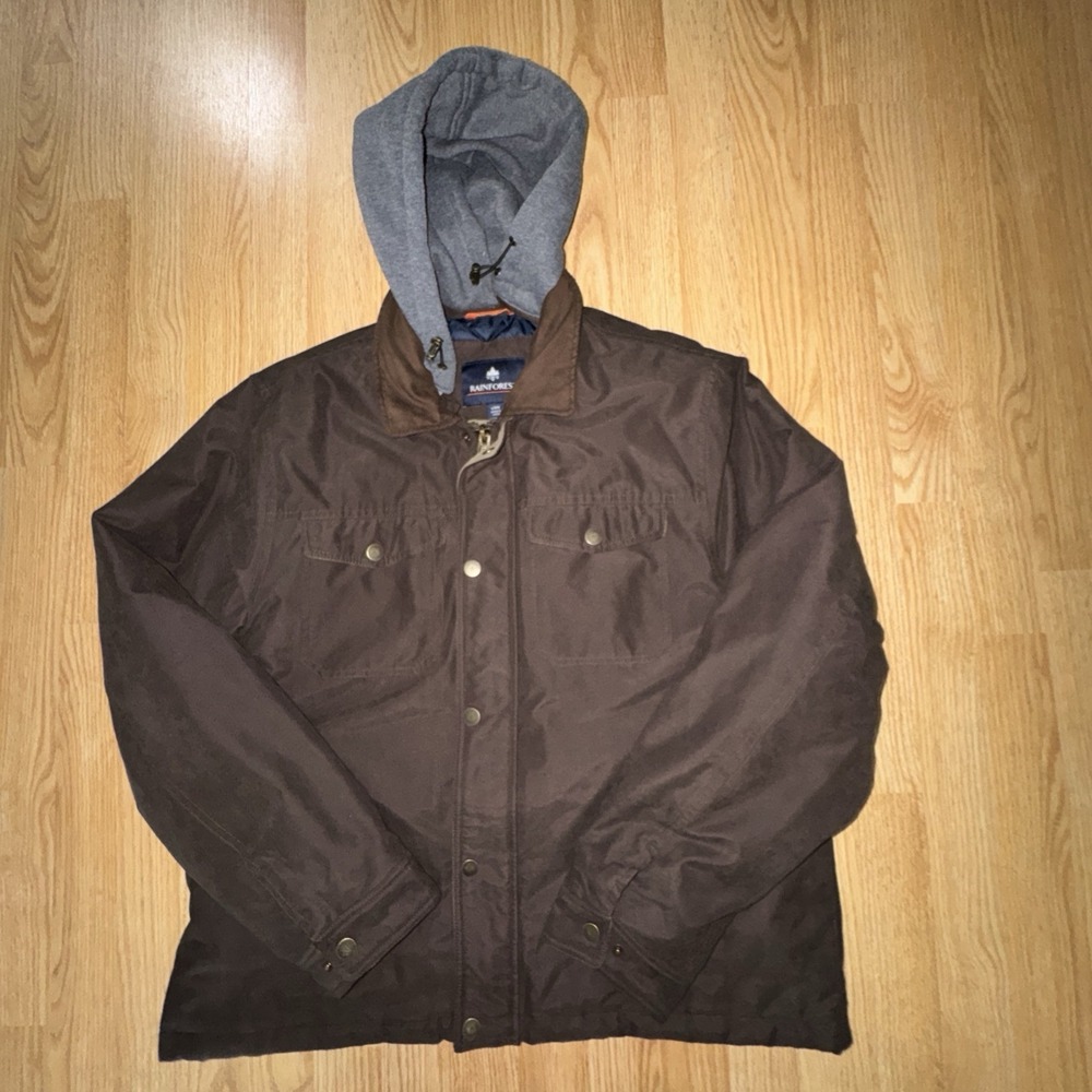 Men's Large Rainforest Chocolate Brown Zip & Snap Multi Pocket Jacket Hood - Picture 2 of 8